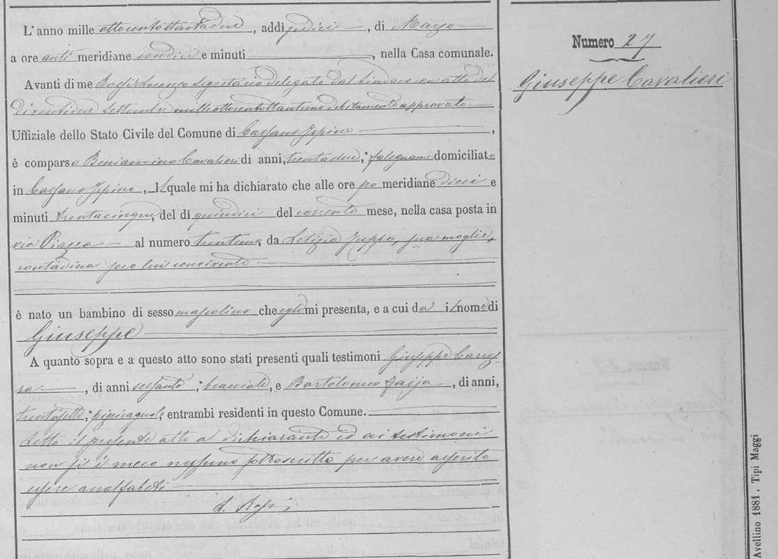 1882 birth record for Giuseppe Cavaliere in Cassano Irpino