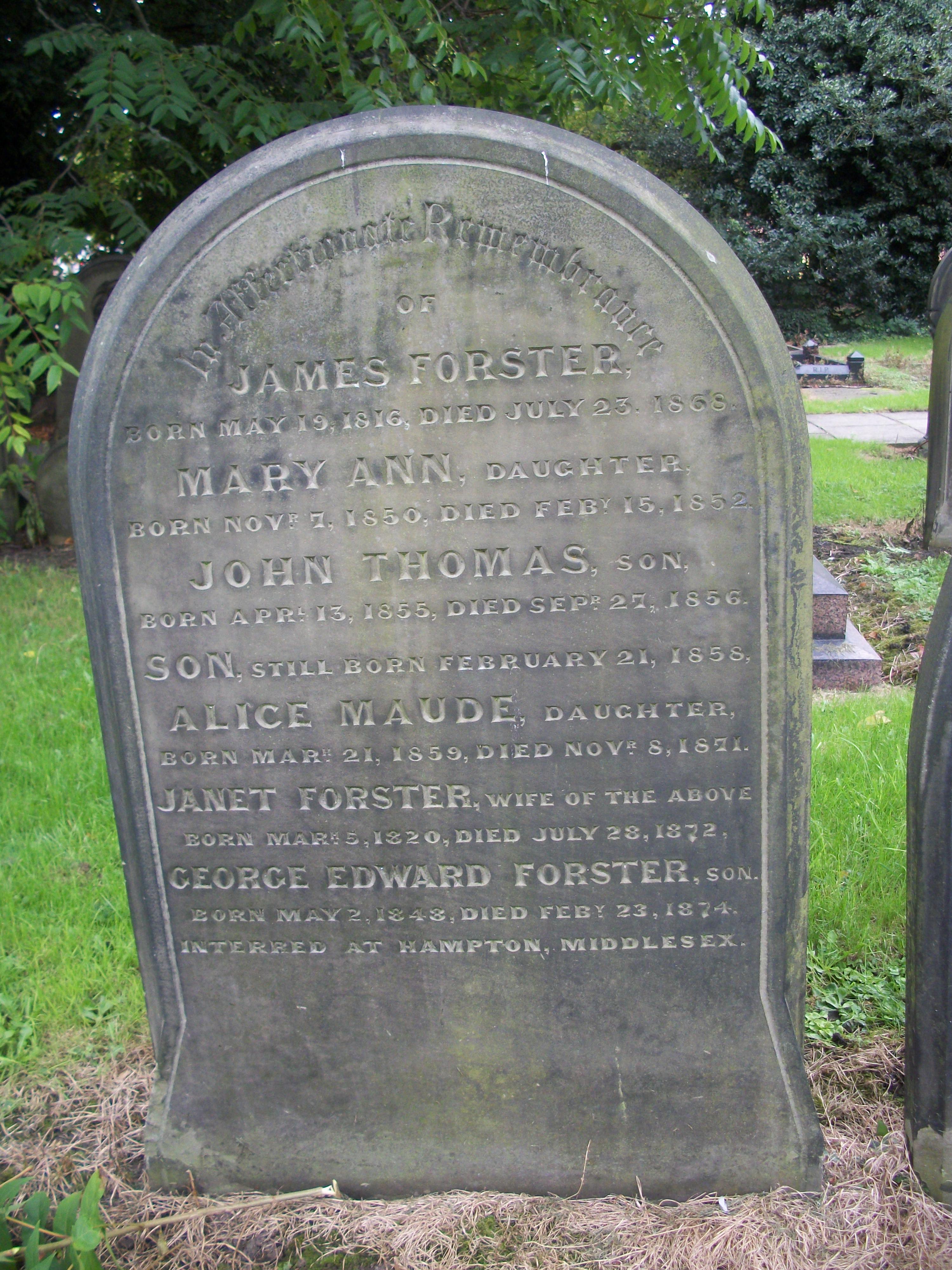 Headstone of James Forster, investigated as part of a genealogy research case